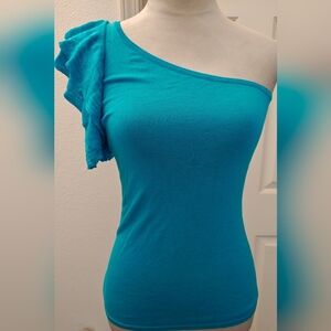 Vintage Cache Aqua One Shoulder Top w Flutter Ruffles.